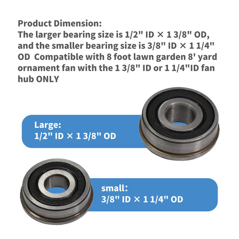Windmill Bearing Repair Kit For Lawn Garden Eight Foot Yard Ornament Fan With One Half Inch ID By One And Three Eighths Inch OD And Three Eighths Inch ID By One And A Quarter Inch OD Durable Bearing Steel For No Fuss Easy Install On Eight Foot Hub, showing two sizes of bearings