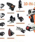 Top Shelf Brushless Cordless Power Tool Combo Kit Featuring Heavy Duty Impact Drill Electric Wrench Circular Saw Plus Two Knockout Batteries For Your Daily Grind, showing various attachments.