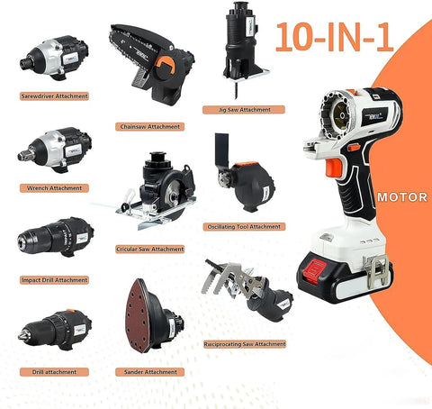 Top Shelf Brushless Cordless Power Tool Combo Kit Featuring Heavy Duty Impact Drill Electric Wrench Circular Saw Plus Two Knockout Batteries For Your Daily Grind, showing various attachments.