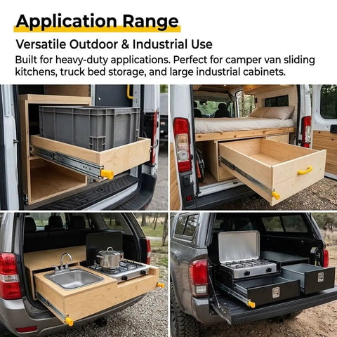 Beefy Heavy Duty Locking Drawer Slides With Screws 500 Lb Capacity Full Extension 3 Fold Ball Bearing Rails for van storage
