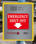 2 Pack Aluminum Emergency Shut Off Sign With Down Arrow Reflective Weatherproof Rust Free Safety Sign For Doors And Walls Compliant And Easy To Install 10x7 Inches Red mounted on a panel at a train station