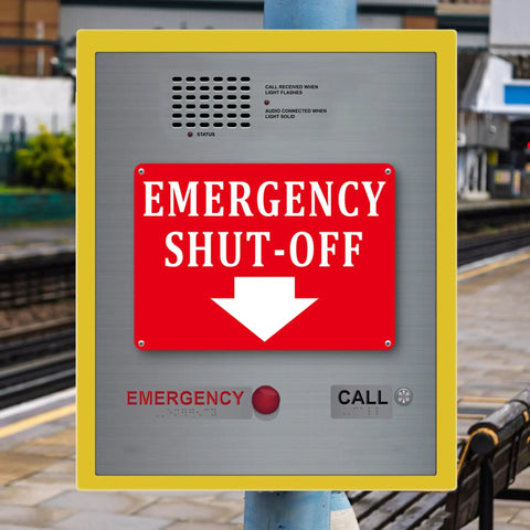2 Pack Aluminum Emergency Shut Off Sign With Down Arrow Reflective Weatherproof Rust Free Safety Sign For Doors And Walls Compliant And Easy To Install 10x7 Inches Red mounted on a panel at a train station
