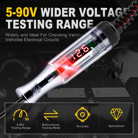 5-90V Digital LED Circuit Tester With Voltage Display Auto Bidirectional Light Tester Extended Spring Wire And Probe For Cars Trucks RVs And More Easy Read Electrical Voltage Checker For Vehicle Troubleshooting shown at 5-90V range