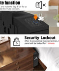Quick Draw Concealed Handgun Safe With Smooth Slider Design And Hidden Fingerprint Lock For Nightstand Or Wall Mounting Featuring Lightning Fast One Second Unlock Plus No Sweat Pin Code Setup showing mute function and security lockout features.
