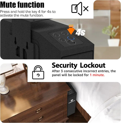 Quick Draw Concealed Handgun Safe With Smooth Slider Design And Hidden Fingerprint Lock For Nightstand Or Wall Mounting Featuring Lightning Fast One Second Unlock Plus No Sweat Pin Code Setup showing mute function and security lockout features.