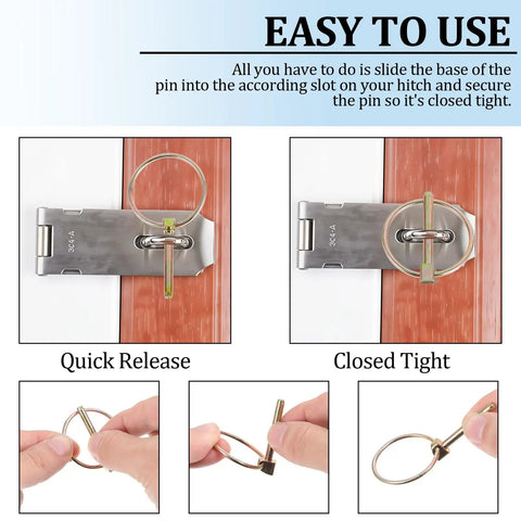 Steps showing usage of 100 Piece Lynch Pin Assortment Kit 3/16 Inch With Ring Heavy Duty Lynch Pins for quick secure fit.