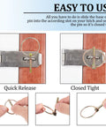 Steps showing quick release and secure closure of 60 Piece Lynch Pin Set With Ring Three Sixteenth Inch Beefy Heavy Duty Trailer Pins.
