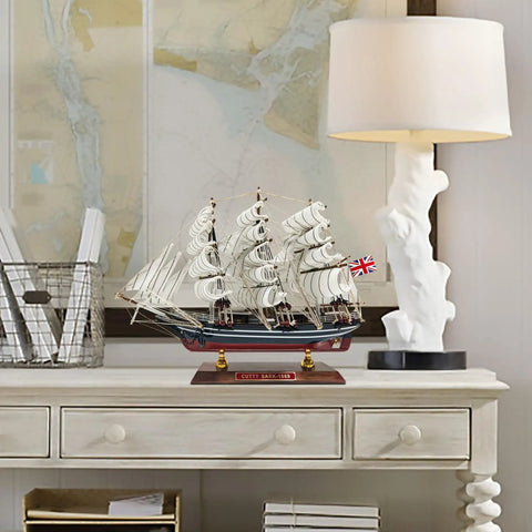 Cutty Sark 1/195 Scale Wooden Model Ship, Fully Assembled Clipper Boat Replica For Home Decor on a table.