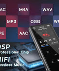 128GB Bluetooth MP3 Player With Built In Speaker, displaying various audio formats supported on screen, black color