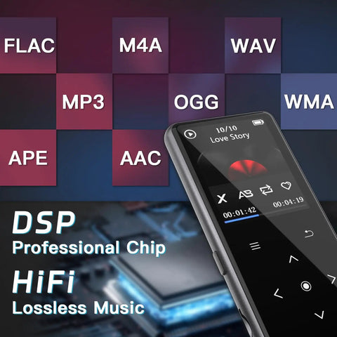128GB Bluetooth MP3 Player With Built In Speaker, displaying various audio formats supported on screen, black color