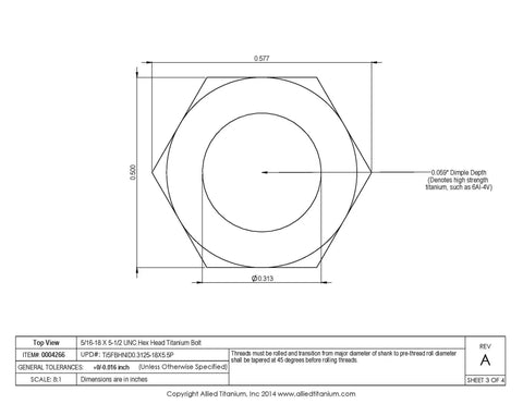 Top view drawing of Heavy Duty Pack Of Two 5/16-18 By 5-1/2 Inch UNC Hex Head Bolts True Grade 5 Titanium.