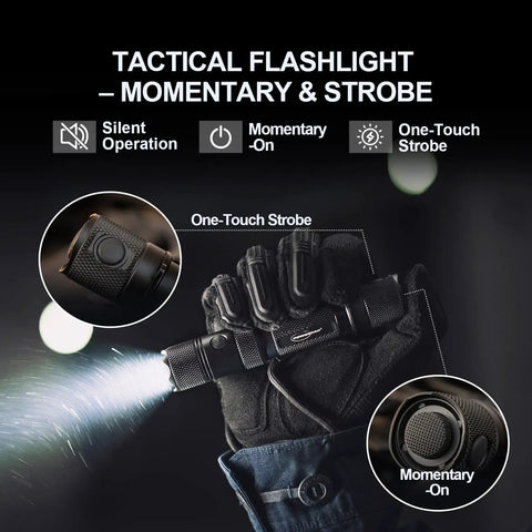 Gloved hand holding E9R G4 Tactical Flashlight 2550 Lumen Rechargeable LED with magnetic USB charging, showing strobe mode