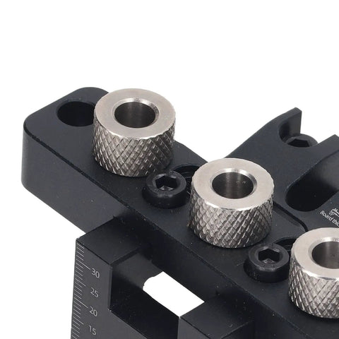 Close-up of the Rock Solid 3 In 1 Pocket Hole Jig Kit and Doweling Guide featuring durable anodized aluminum components.