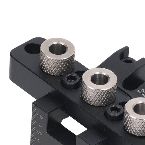 Close-up of the Precise Dowel Jig Kit showing adjustable aluminum drill guide with anodized surface and high strength bushings.