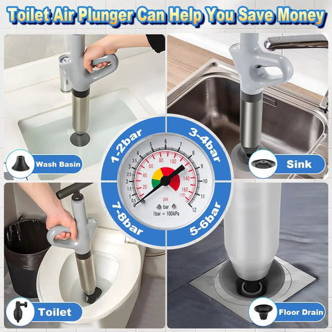 Heavy Duty High Pressure Toilet Plunger And Air Drain Blaster That Kicks Stubborn Clogs To The Curb Fast Saves You Serious Dough On Plumbers And Keeps Your Bathroom Running Smooth In Sleek Grey Finish in action with various uses