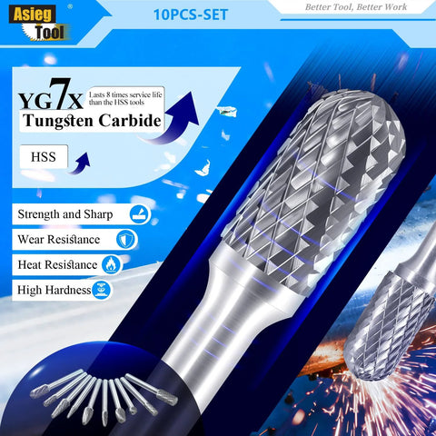 Asieg Tool carbide burrs set, 10pcs, 1/4 inch shank, double-cut tungsten carbide rotary burrs for die grinder