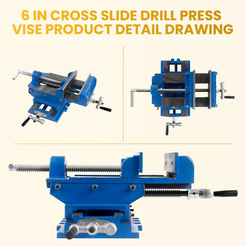 Three-angle view of Badass Six Inch Cross Slide Drill Press Vise with smooth XY axis travel for precise machining.