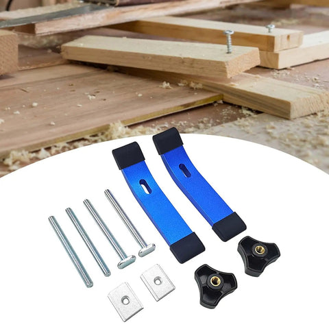 Solid Blue Aluminum T Track Hold Down Clamps For CNC Routers And Drill Presses Durable Slot Fixtures with hardware on woodworking table.