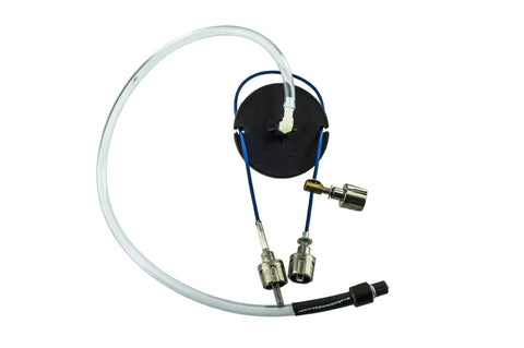Hella Lightweight One Man Motorcycle Brake And Clutch Bleeder Kit, compact design showing hoses and fittings, for easy brake fluid extraction.