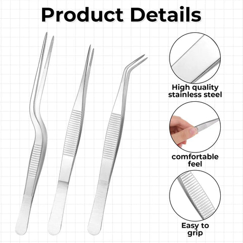 Pro Grade Garden Tweezers Set Of 3 Stainless Steel Plant Tweezers With Straight And Curved Tips, 6.22In 6.33In 6.4In