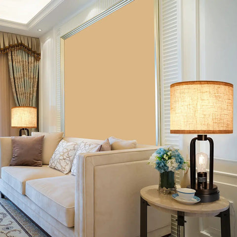 Industrial Farmhouse Table Lamps Duo With Night Light And USB Charging in living room with beige sofa and floral decor