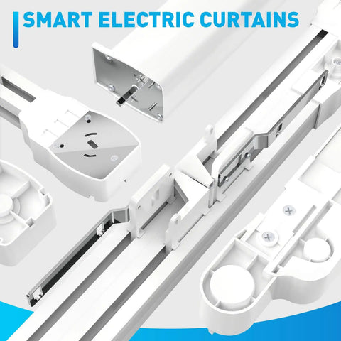 Ceiling Mounted Motorized Curtain Track System With Retractable Rod, Adjustable 70 To 129 Inch Length, Electric Opener For Smart Home, Works With Alexa, Google Home, And Tuya Voice Control, Remote Included, white aluminum track close-up