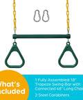 Backyard Swing Set Accessories Kit With 18 Inch Trapeze Bar 48 Inch Heavy Duty Chain With Locking Carabiners Monkey Bars And Swingset Accessories Pack For Outdoor Play Equipment In Green features trapeze bar and carabiners.