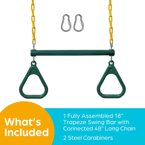 Backyard Swing Set Accessories Kit With 18 Inch Trapeze Bar 48 Inch Heavy Duty Chain With Locking Carabiners Monkey Bars And Swingset Accessories Pack For Outdoor Play Equipment In Green features trapeze bar and carabiners.