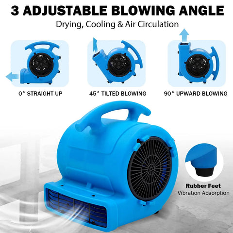 Blue Two Speed 1/4 HP 1000 CFM Air Mover with three adjustable angles for carpet drying and floor cooling.