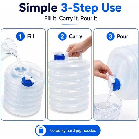 Collapsible Water Jug With Spigot 10 Liter Foldable Camping Bottle BPA Free Portable Water Storage Cube With Handle for steps of fill carry pour