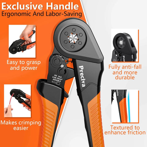 Ferrule Crimping Tool Kit With 1500 Wire Connectors, Adjustable Ratcheting Hex Crimpers in close-up view of ergonomic handle