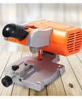 Close-up view of No Sweat Mini Benchtop Chop Saw 45 Degree Miter Angle Cutter For Quick Wood And Metal Cuts with adjustable settings.