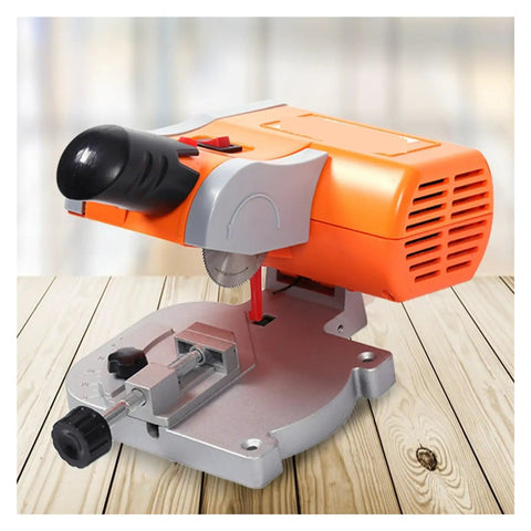Close-up view of No Sweat Mini Benchtop Chop Saw 45 Degree Miter Angle Cutter For Quick Wood And Metal Cuts with adjustable settings.