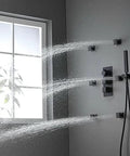 Wall Mounted Led Rain Shower Head System With Thermostatic Mixer Valve And Six Massage Body Sprays Plus Handheld Combo, water spraying from body jets.