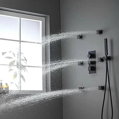 Kick Back And Soak With This Slick Wall Mounted Led Rain Shower Head And Thermostatic Mixer Valve Plus Six Massage Body Sprays And Handheld Combo Set showing spray jets in action by a window.
