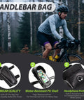 Cyclist using 6 Piece Bike Accessories Kit For Men And Women Including Cycling Bag Bicycle Bag Gloves Waterproof Tail Light Ride Ready Mountain Road Gear And A Touch Screen Phone Holder With Responsive Window on a forest trail.