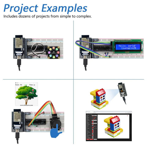 Various project setups showcasing ESP32 CAM Development Kit With Onboard Camera And WiFi Bluetooth Dual Core 240 MHz MCU Dope Ultimate Starter Kit For Makers 4 MB Flash 8 MB PSRAM Python C Java Code 122 Projects And 795 Page Tutorial.