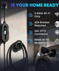Portable Level 2 EV Charger J1772 Charging Station 240V for Home and On The Go ETL Listed mounted with car and instructions.