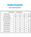 Product specifications for DC 12V 27RPM Worm Gear Motor With Metal Gearbox showing reduction ratio and torque details.
