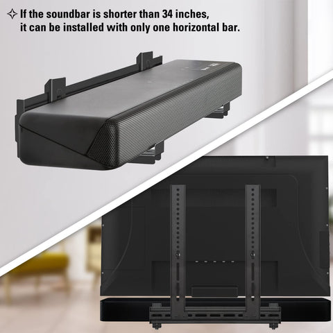 Totally Locks In Soundbar Mount And TV Bracket Holds Up To 20 Lbs, showing installation setup with one horizontal bar and TV back.
