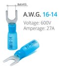 Heat Shrink Fork Connectors Blue Marine Grade 16-14 Gauge Built To Last Spade Terminals with voltage and amperage details