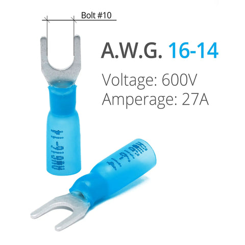 Heat Shrink Fork Connectors Blue Marine Grade 16-14 Gauge Built To Last Spade Terminals with voltage and amperage details