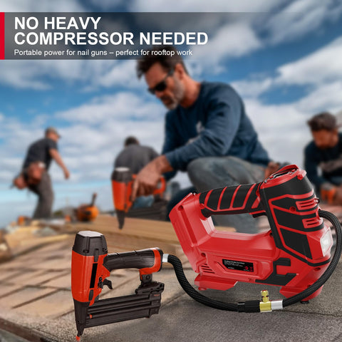 Cordless Tire Inflator And Air Tool For Milwaukee 18V Battery On The Go 160 PSI Portable Air Pump with digital gauge on rooftop