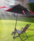 Durable Outdoor Patio Umbrella Clamp Stand And Deck Mount on chair in sunny garden, umbrella open, all weather metal frame
