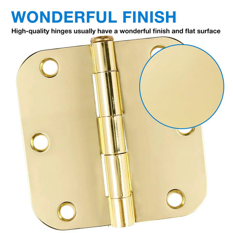 Door Hinges 3.5 Inch Polished Brass, 18 Pack, Heavy Duty Steel With Rounded 5 Eighths Radius Corners, Reversible Removable