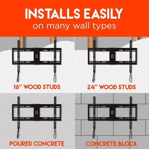 Ultra Slim TV Wall Mount For 32 To 80 Inch Flat Screens With Razor Thin 1.25 Inch Clearance and Smooth Pull String Locks for Easy No Sweat DIY Mounting Today on various wall types.