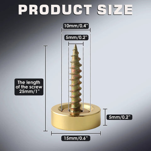 Knockout Brass Screw Covers And Decorative Gold Metal Caps That Straight Up Hide Ugly Fastener Holes On Wood Durable Decorative Nail Slugs With A Slick Brushed Look In A Tight 12 Piece Set measuring 25mm in length.
