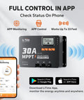 30 Amp MPPT Solar Charge Controller With Built In Bluetooth And LCD Display, phone app showing connectivity features