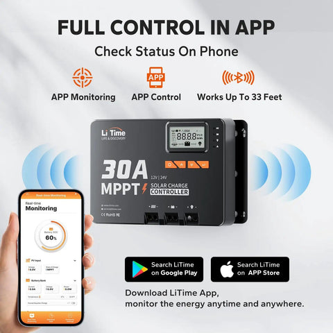 30 Amp MPPT Solar Charge Controller With Built In Bluetooth And LCD Display, phone app showing connectivity features