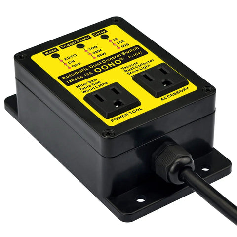 Black automatic dust control switch for contractors and woodworkers, hands free vacuum switch with auto shutoff for dust collectors.